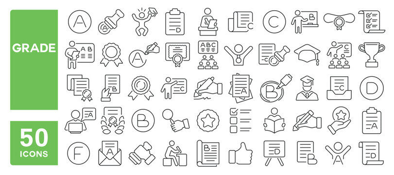 Set of 50 line icons related to grade, exam, score, graduate, teacher, academic, pass, results, Editable stroke. Vector illustration