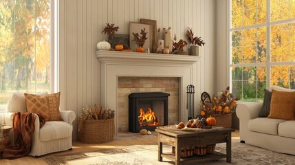 A cozy living room with a fireplace, decorated for Thanksgiving with autumn-themed decor