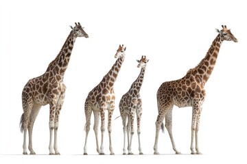 Obraz premium Giraffes in multiple positions isolated on white background comprehensive wildlife reference for anatomy, texture, and perspective