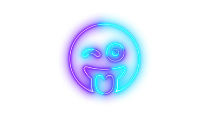 Neon face grin tongue wink symbol icon glowing with transparent background