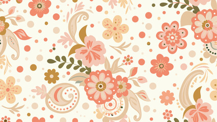 Whimsical Floral Print with Pastel Colors and Paisley Design. This seamless pattern features a delightful mix of floral motifs in soft peach, coral, and beige tones.