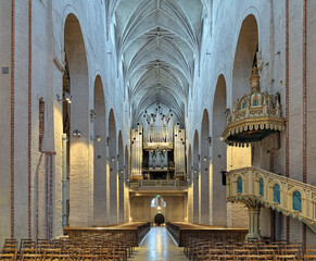 Interior of Turku Cathedral, Finland. View of the west side of the nave with main organ.