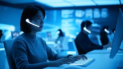 Asian Female Call Center Agent Working at Computer in Futuristic Office Environment - Powered by Adobe