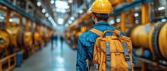 Fototapeta premium A worker in a hard hat and backpack walks through a large industrial facility. Yellow machinery lines the hallway