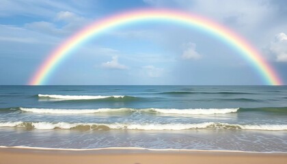 Vibrant rainbow arching over calm ocean waves on a sandy beach, fantasy, magical