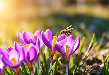 Fototapeta premium Vibrant purple, yellow crocuses bloom, sunlit, bee in flight, meadow, bee