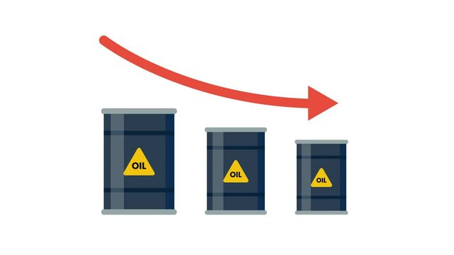 The animation shows three oil barrels shrinking in size with a red arrow pointing down, symbolizing falling oil prices or reduced oil production.