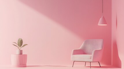 Interior scene with pink armchair plant and lamp creating a monochromatic aesthetic design space