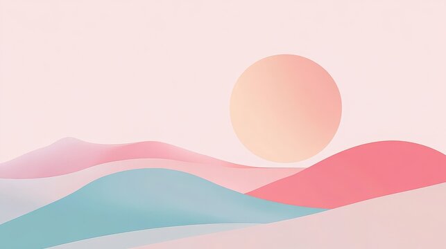 Abstract landscape with pastel hills and a soft peach sun in a minimalist design aesthetic scene