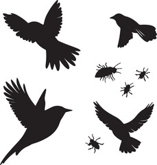 Obraz premium Silhouette of Birds in Flight Hunting Insects Vector Illustration: Graphic Design of Flying Birds Catching Bugs and Beetles for Ornithology Projects