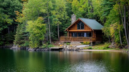 Fototapeta premium A cozy wooden cabin by a quiet lake, surrounded by trees