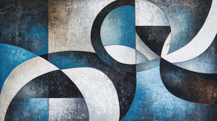 Abstract painting featuring geometric shapes in blue black and white color palette with textured surface