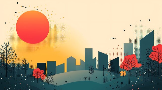 there is a picture of a cityscape with trees in the foreground and birds flying in the sky - Powered by Adobe