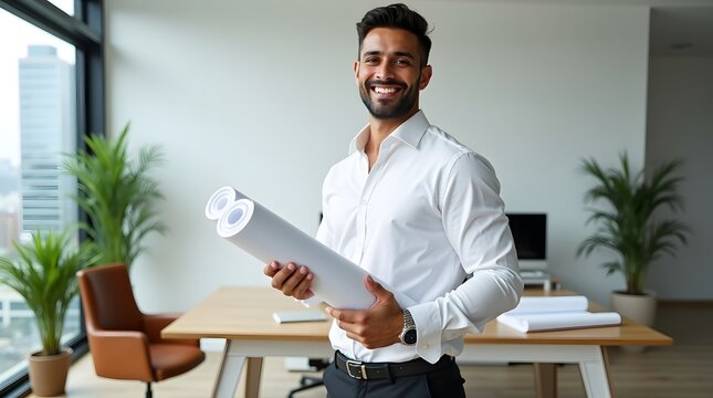 Smiling Hispanic male architect holding blueprints in modern office setting.