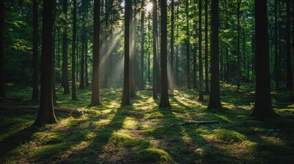Obraz premium Sunlight filters through tall trees in a tranquil forest during early morning hours