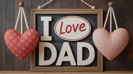 Fathers day i love dad sign hearts wooden background