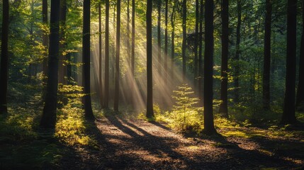 Fototapeta premium Sunlight filters through tall trees in a tranquil forest during early morning hours