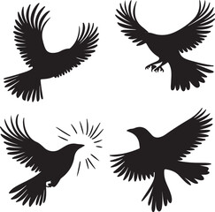 Obraz premium Black Silhouette of Crows in Flight Vector Art: Graphic Illustration of Birds Flying, Crow Silhouette Images, Animal Design Element, Wildlife Art
