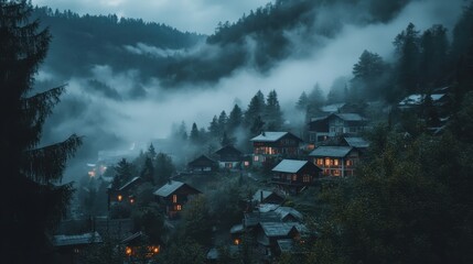 Fototapeta premium Morning mist envelops rustic village nestled in the mountains during dawn
