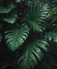 Fototapeta premium Dark, saturated green tropical leaves, close-up view , detail, dark