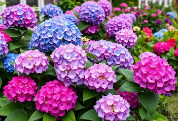 Vibrant pink, blue, lilac, violet, and purple hydrangeas blooming in a lush town garden, botany, nature