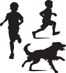 Silhouette Illustration of Children Running with a Dog: Vector Graphic of Kids Playing Outdoors with Pet, Black and White Clip Art Image