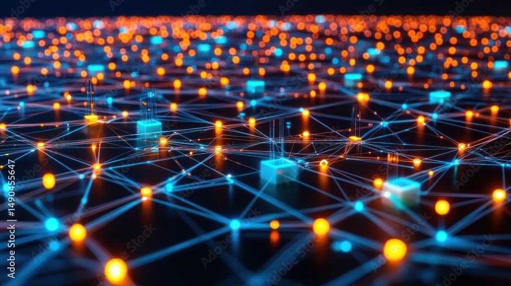 Poster network of glowing interconnected nodes. complex digital network structure with vibrant orange and b