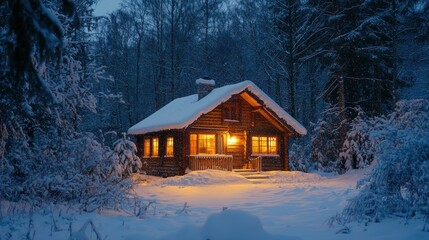 A cozy wooden cabin covered in snow, with warm light glowing from the windows