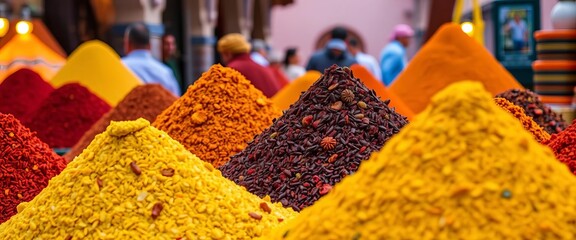Vibrant piles of saffron, turmeric, cumin, and paprika in Marrakech's Rahba Kedima square, red, abundant