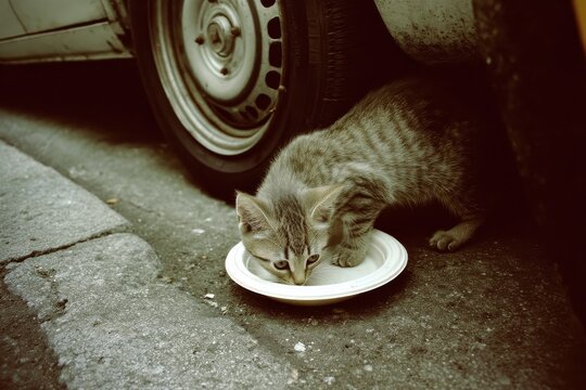 Stray Gray Tabby Cat Eating from White Plate on City Street Near Vintage Car Tire in Urban Environment Surrounded by Street Debris and Unkempt Surroundings - Powered by Adobe