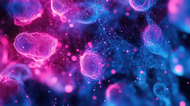 A microscopic view of cells in pink and blue with interconnected web like structures surrounding them
