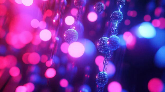 A digital rendering of interconnected spheres with pink and blue bokeh lights in the background