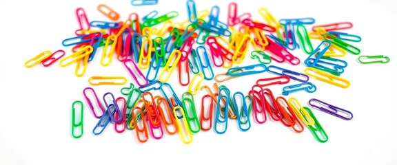 Vibrant paper clips scattered, forming a colorful panorama against a pure white backdrop, school, education