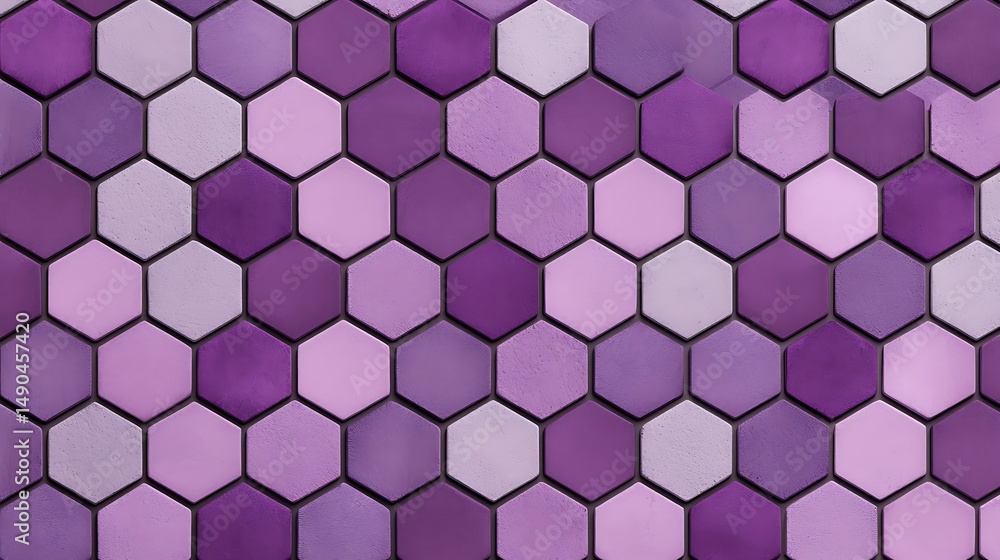Poster a seamless pattern of purple hexagonal tiles in varying shades, forming a geometric mosaic backgroun