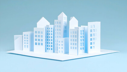 Fototapeta premium Futuristic Paper Cityscape at Night: Blue Neon Lights and Minimalist Architecture