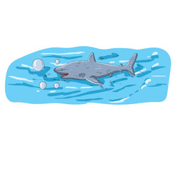 Cute cartoon hand drawn vector shark swimming in the water clipart.