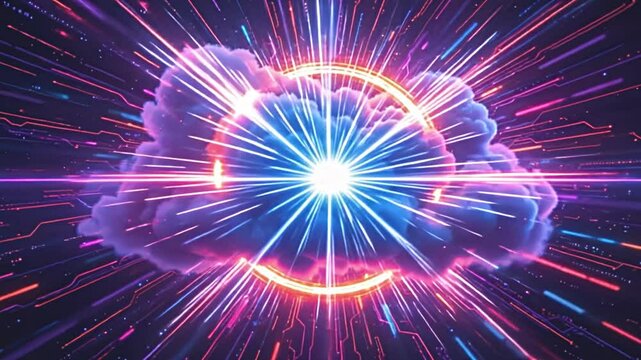 sci fi retro laser neon abstract technology background, multi colored cloud rotating around a bright neon circle, dynamic lighting effects with glowing particles