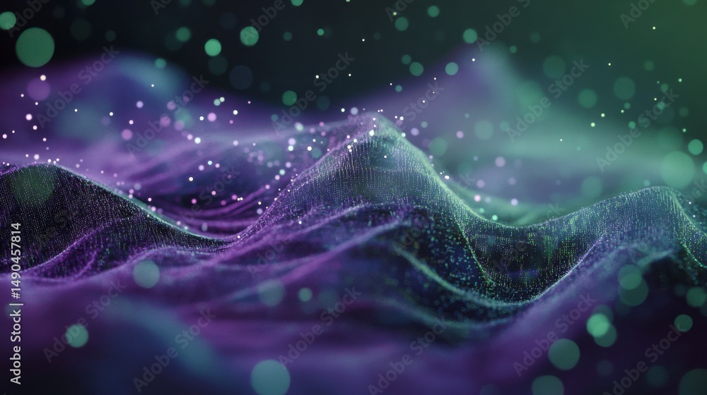 Poster abstract purple and green particle background with glowing waves