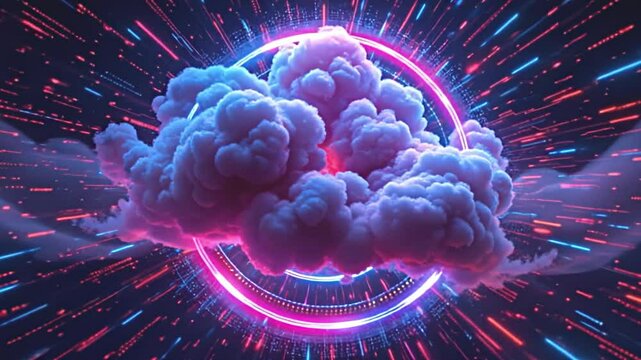 sci fi retro laser neon abstract technology background, multi colored cloud rotating around a bright neon circle, dynamic lighting effects with glowing particles