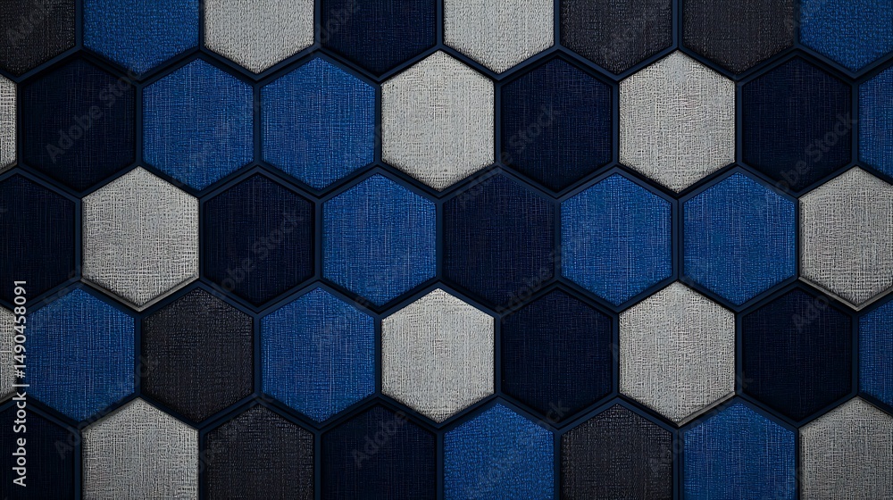 Poster hexagonal tiles in blue, gray, and black form a geometric, textured pattern creating a modern and st