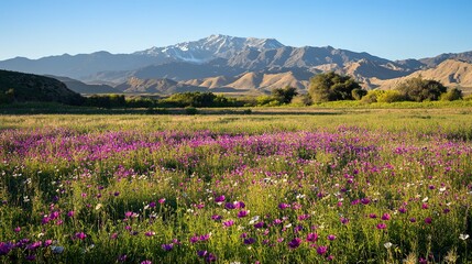 Fototapeta premium Majestic Dawn Landscape: Vibrant Wildflower Field beneath Snow-Capped Mountains. Serene Nature Scene for Automotive Advertisement Background. Abstract Commercial Composition with Purple and Pink Bloom