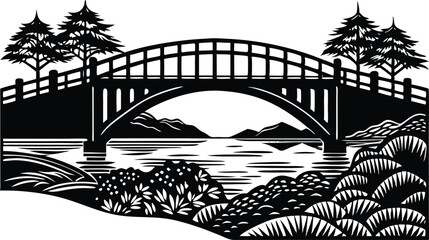 Fototapeta premium Silhouette of Bridge Over River at Night – Scenic Landscape Vector Illustration