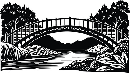 Silhouette of Bridge Over River at Night – Scenic Landscape Vector Illustration