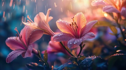 Beautiful pink lilies glistening in the rain during early morning light in a tranquil garden