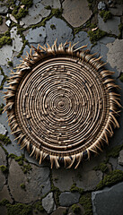 Fototapeta premium Circular woven basket on cracked stone surface