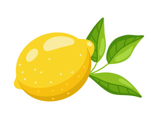 Bright Isolated Lemon with Green Leaf, Flat Style