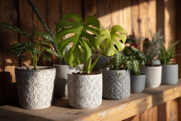 Fototapeta premium Stylish indoor plants on a wooden shelf with textured pots, showcasing greenery and natural beauty in a cozy, bright atmosphere, perfect for home aesthetics and decorating ideas.