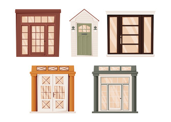 Set of stylish house front doors with glass panels. Vector flat collection of modern and classic entrances in architectural design. Colorful isolated illustration for real estate or interior themes.