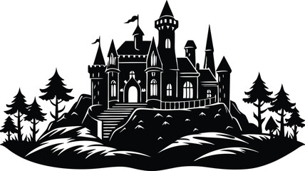 Obraz premium Castle Silhouette with Trees – Fantasy Landscape Vector Illustration in Black and White