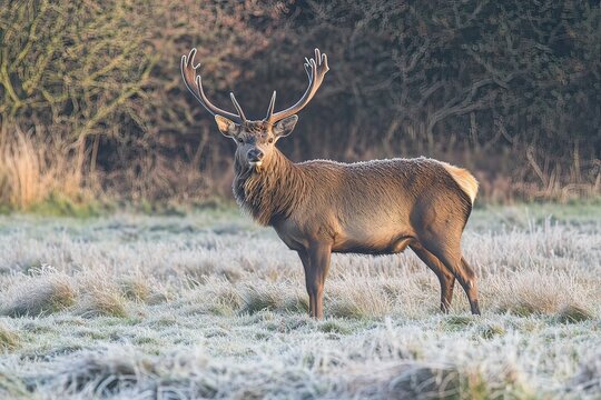 A red deer stag stands in a frosty meadow at sunrise, with mist rising from the ground and trees silhouetted against the golden sunlight. The photograph captures the majestic wildlife in its natural